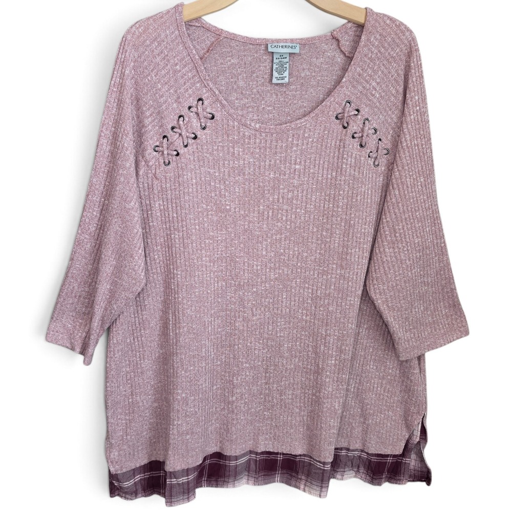 Catherines Top Womens 2X 22W 24W Pink Ribbed Knit Grommet Lace Up Plaid Blouse